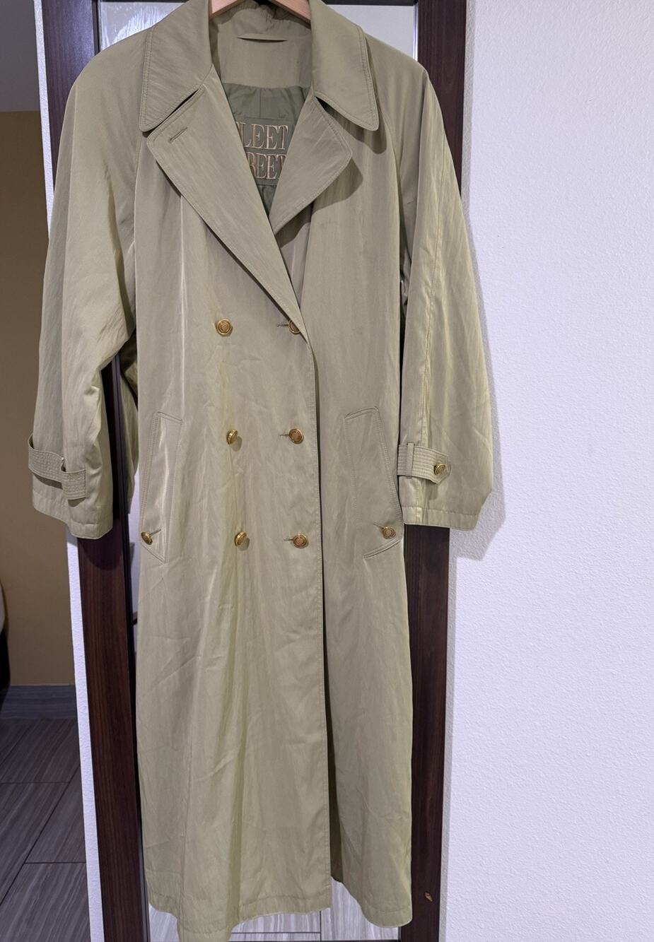 Fleet Street Trench Coat Double Breasted Look Woman’s Sz L Light Olive Big 70s